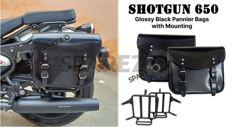 Fit For Royal Enfield Shotgun 650 Glossy Black Leather Pannier Bags with Mounting - SPAREZO